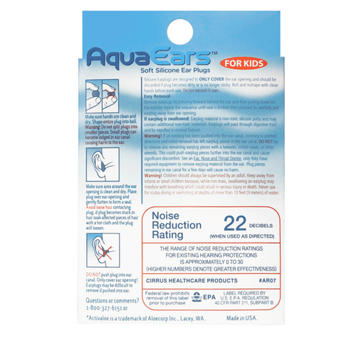 AquaEars® Kids Soft Silicone Earplugs packaging back