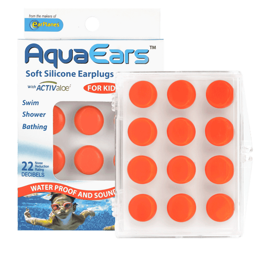 AquaEars® Kids Soft Silicone Earplugs packaging front with product