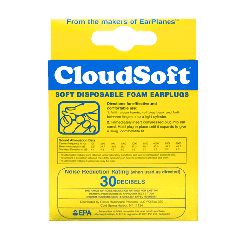 Back of CloudSoft Ear Plug package containing soft disposable earplugs
