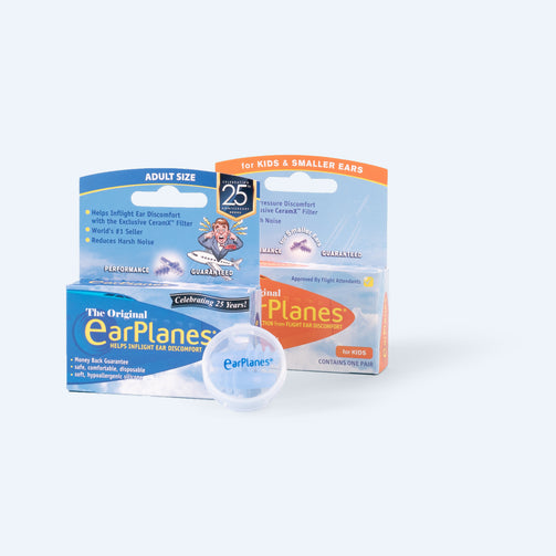 Image of EarPlanes Adult and Small Ears/Children product packaging standing upright on a flat surface with a pair of EarPlanes earplugs inside the reusable plastic container that comes with the product.